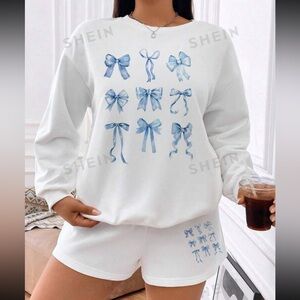 SHEIN Blue Bow Sweatshirt and Shorts Set